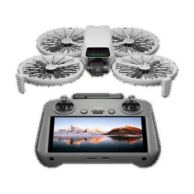 DJI Flip (DJI RC 2) drone with foldable full-coverage propeller guards and compact white body above a gray remote controller featuring dual joysticks and a built-in screen displaying a mountain lake scene, supporting 4K/60fps HDR video, AI subject tracking, and palm takeoff.