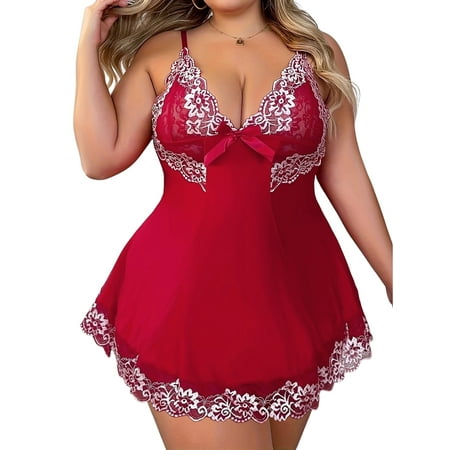 LilyLLL Plus Size Babydoll Lingerie Womens Floral Lace Strappy Sleepwear Nightie Dress