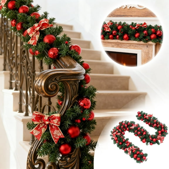 270cm Christmas Vine Garland with Ornament Balls, Lifelike Greenery Hanging Garland for Wall Porch Staircase Decor, Indoor Outdoor Holiday Christmas Decoration