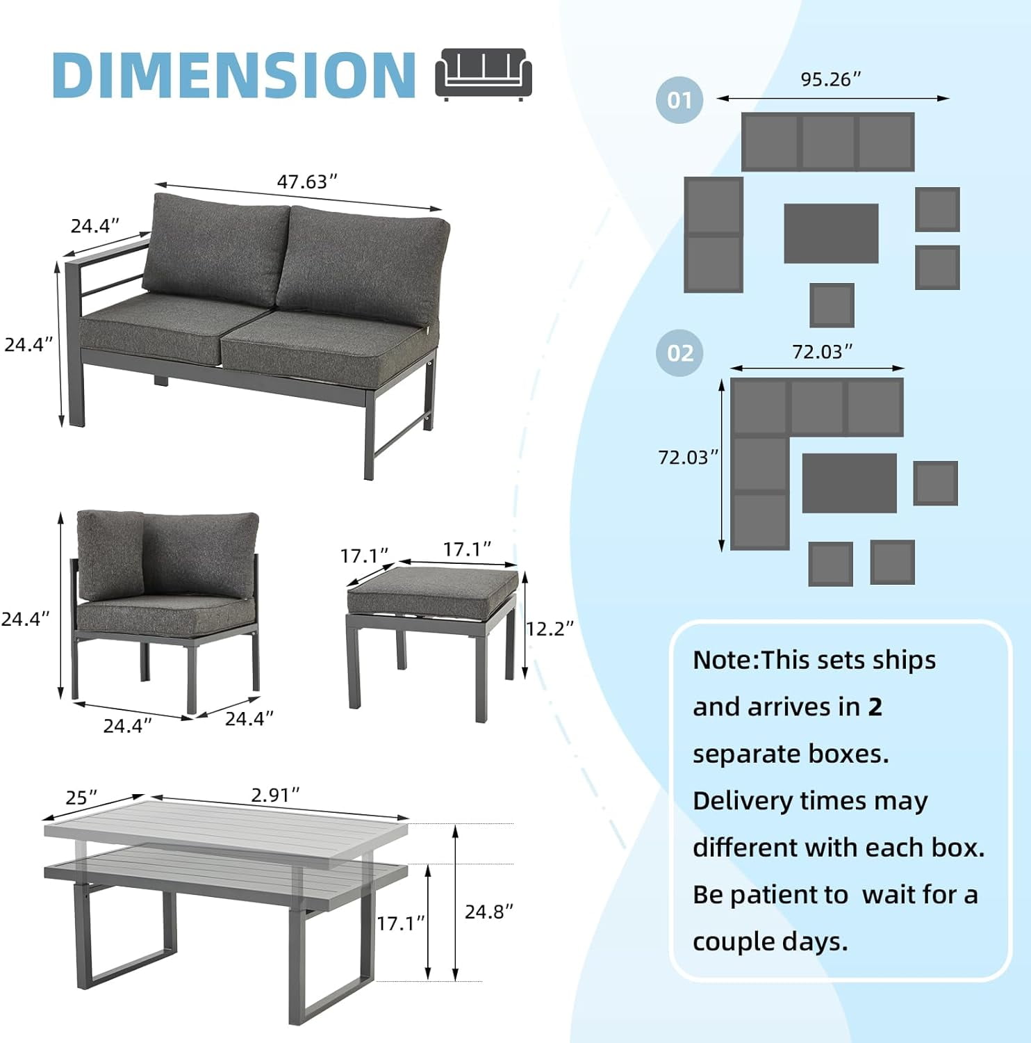AECOJOY Outdoor Furniture sets,Metal Patio furniture sets Patio Sets Clearance Outdoor Sectional Sofa  for Lawn,Dark Grey