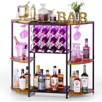 Wine Bar Cabinet with LED Lights, Mini Wine Rack with Storage and Glass Holder, Home Bar Cart for Liquor, 3-Tier Bar Table for Kitchen, Dining Room, Living Room, Rustic Brown
