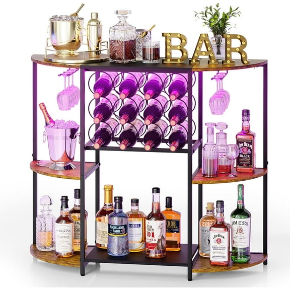 Wine Bar Cabinet with LED Lights, Mini Wine Rack with Storage and Glass Holder, Home Bar Cart for Liquor, 3-Tier Bar Table for Kitchen, Dining Room, Living Room, Rustic Brown
