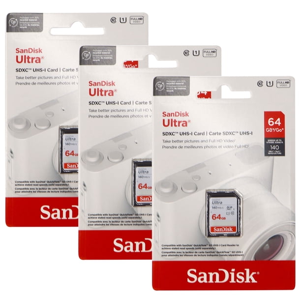 Tarjeta de memoria SanDisk Ultra SDXC UHS-I de 64 GB (paquete de 3)