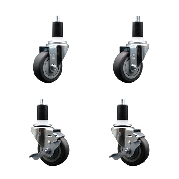 3.5 Inch Thermo Rubber Wheel Swivel 1-1/2 Inch Expanding Stem Caster Set 2 Brake