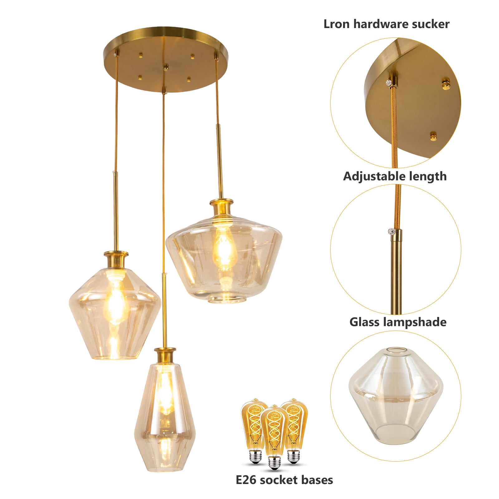 Modern Champagne Gold Glasses Pendant Light,3-Light Height Adjustable Hanging Chandelier Ceiling Light Fixture with Glass Lampshade for Dining Room Living Room