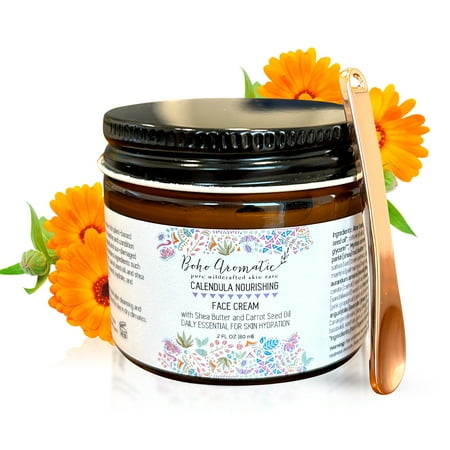 Boho Aromatic Calendula Nourishing Face Cream for Dry Skin, Vegan, Cruelty Free, Natural & Organic, Hydrating and Moisturizing Facial Moisturizer, Glass Jar, 1.7 fl oz