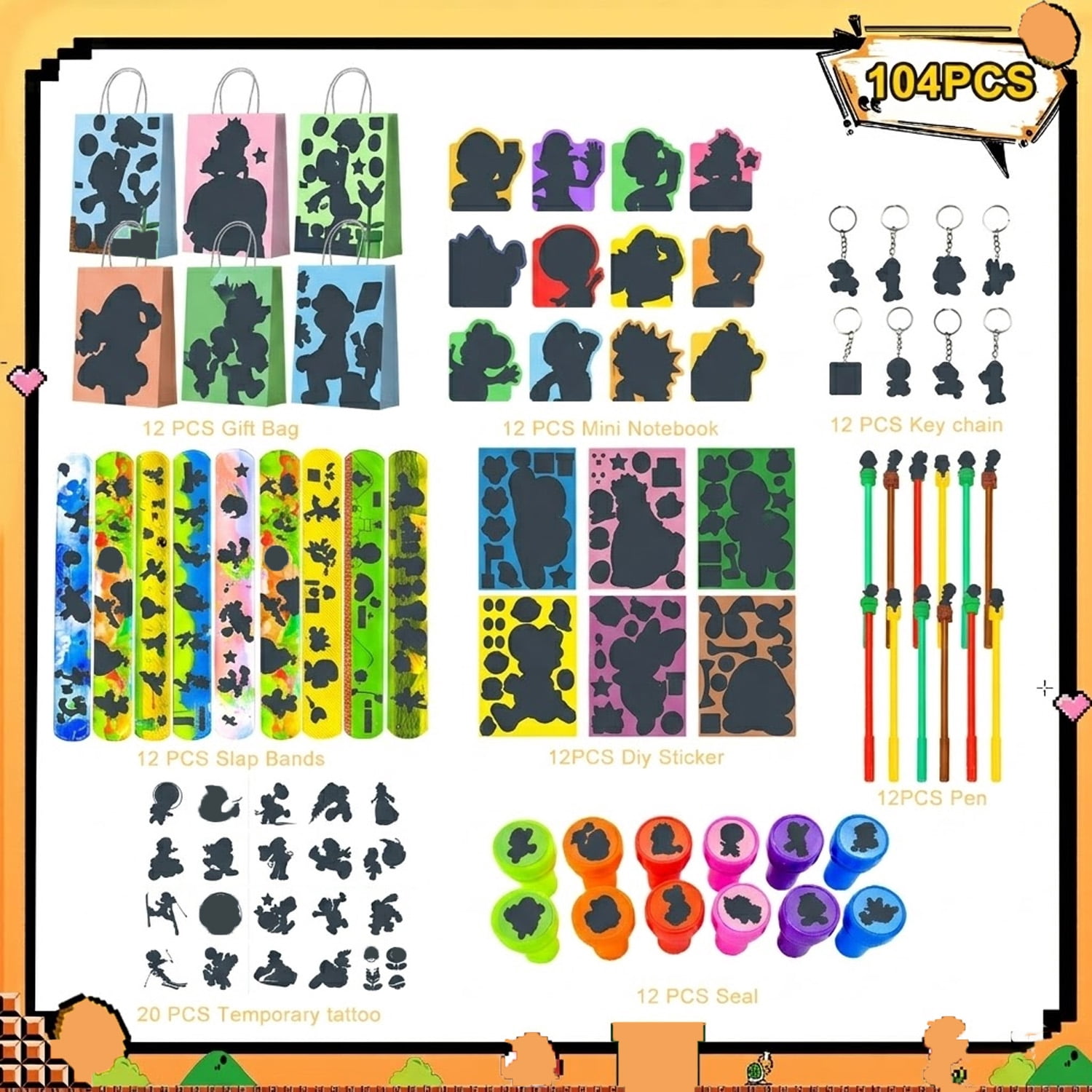 Kids Party Favors,104pcs All-in-One Kids Stationery Favors Sets - Cartoon Gift Bags Notebooks DIY Stickers Seals etc Cartoon Birthday Party Favors for Boys/Girls,for Cartoon Party Supplies