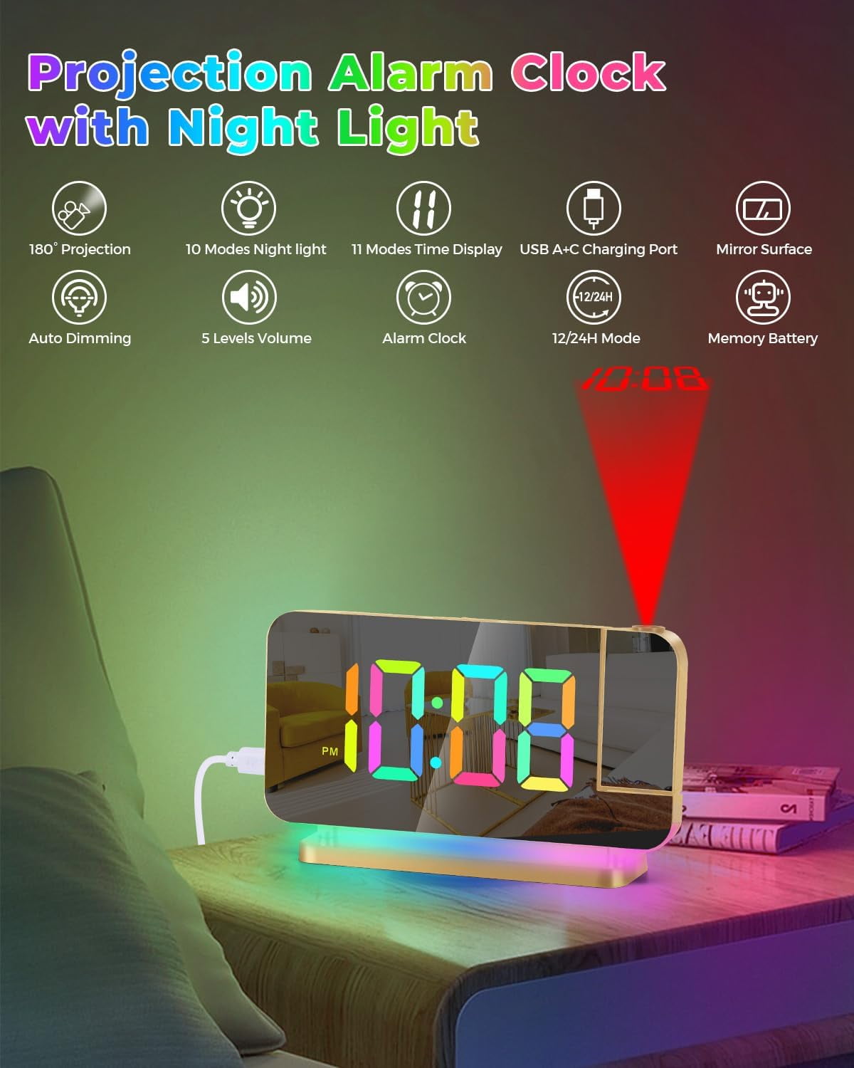 Wiher Projection Alarm Clock,7.4 in LED Mirror Digital Clocks Projection on Ceiling Wall,with RGB Night Light,USB C Charging Port,Auto Dimming,Modern Desk Clock for Bedroom Decor - Gold