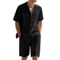 thumbnail image 2 of Men's Linen Blend Short Sleeve Shirt & Shorts Set, Casual Summer 2 Piece Outfit Black S, 2 of 9