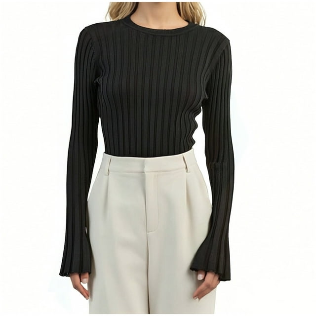 HAiming Womens Slim Fitted Sweater Long Sleeve Crew Neck Solid Color Blouse Fall Winter Basic Knit Tops