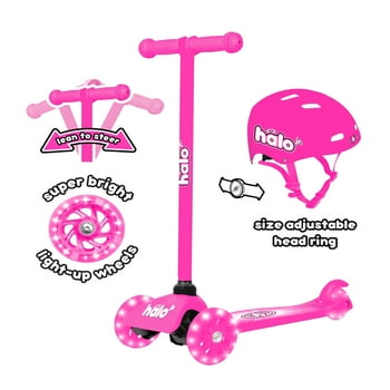 HALO Rise Above Jr 3 Wheel Scooter Combo - Pink - Super-Bright Light Up Wheels + Size Adjustable Helmet - Designed For All Riders (Unisex)