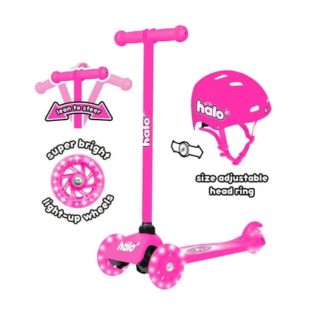 HALO Rise Above Jr 3 Wheel Scooter Combo - Pink - Super-Bright Light Up Wheels + Size Adjustable Helmet - Designed For All Riders (Unisex)