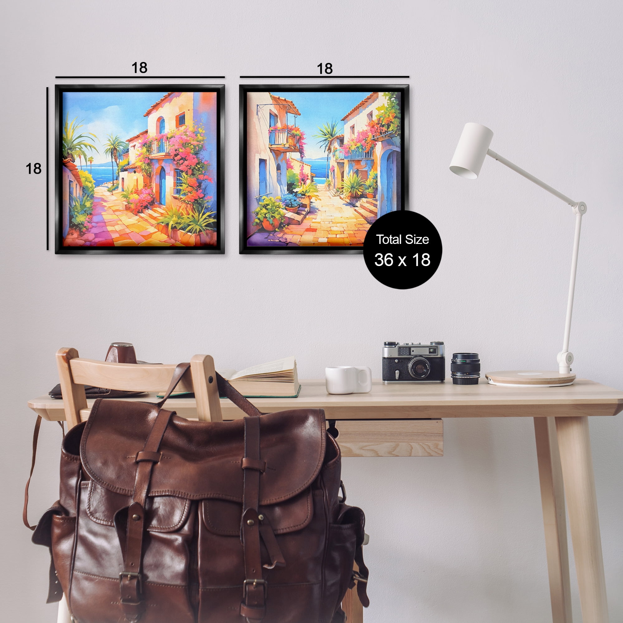 Stupell Industries Mediterranean Summer Island Vista Buildings & Architecture Painting Black Floater Framed Canvas Art Print Wall Art, 18 x 18, Set of 2