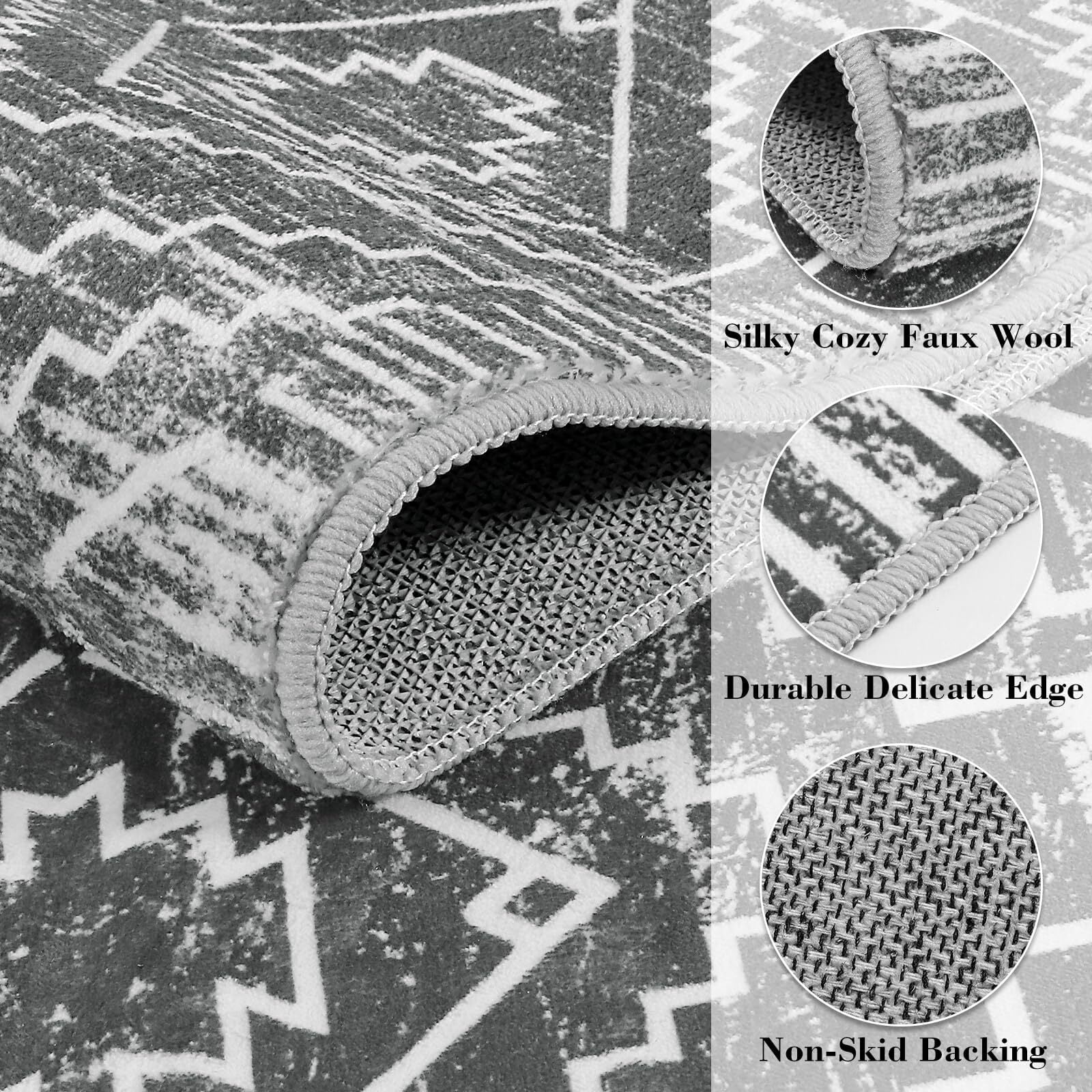 Lahome 3'x5'Washable Area Rug, Boho Living Room Rug, Non-Slip Farmhouse Rustic Bedroom Throw Mat, Non-Shedding Soft Geometric Floor Carpet for Kitchen Entry Office,Dark Grey