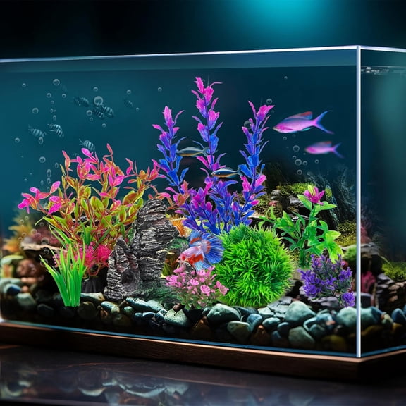 Aquarium Artificial Plastic Plants Decorations and Rock Cave Decor Set Fish Tank Accessories