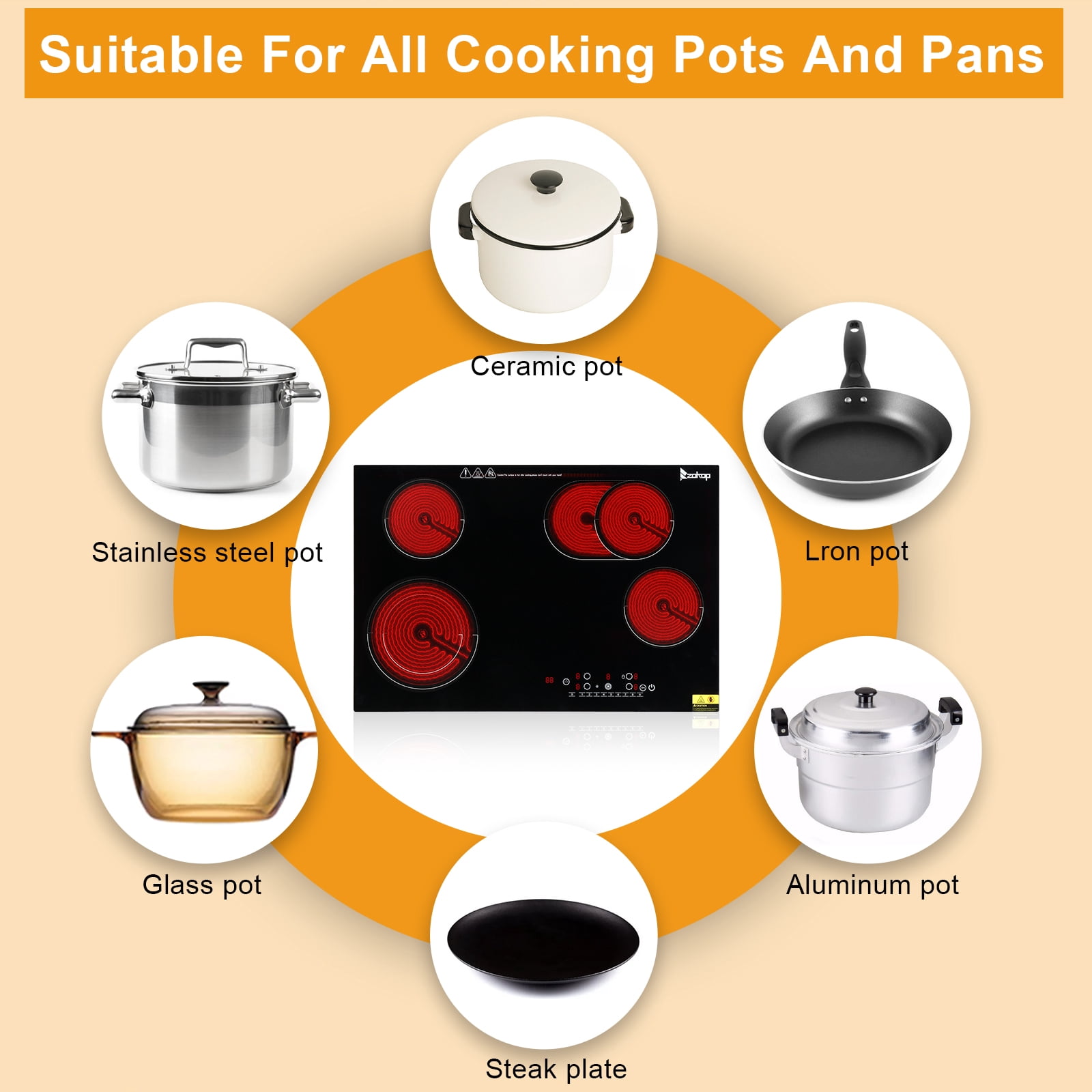 Zimtown Electric Cooktop 30 inch Ceramic Stove 4 Burners Built-in Stove Top Electric Hot Plate Satin Glass cooktop in Black, Timer/Child Safety Lock/9 Power Level/220-240V 7200W