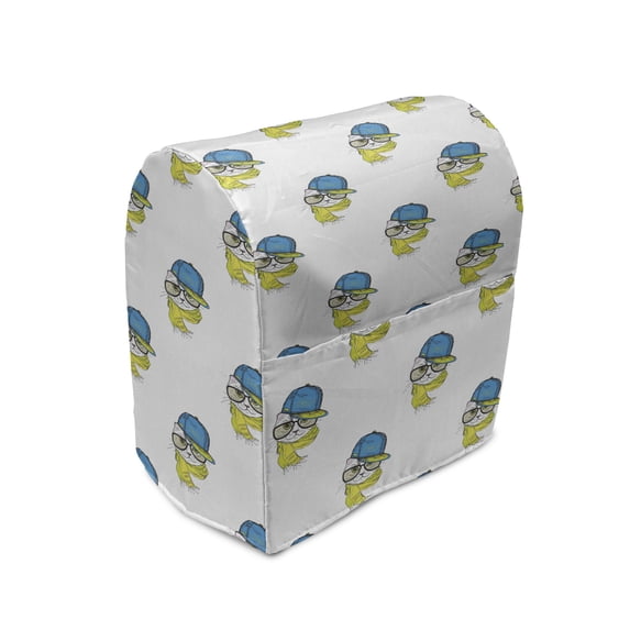Hip Hop Stand Mixer Cover, Fashion Cat Wearing a Cap Scarf and Glasses Sketch Pattern, Kitchen Appliance Organizer Bag Cover with Pockets, 5 Quarts, Azure Blue Yellow, by Ambesonne