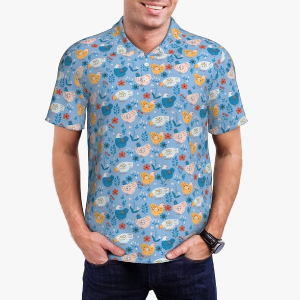 Fotbe Cute Chickens and Flowers Camiseta Polo de Golf para Hombre con Estampado – Camisa Deportiva Transpirable con Cuello Abotonado-X-Large