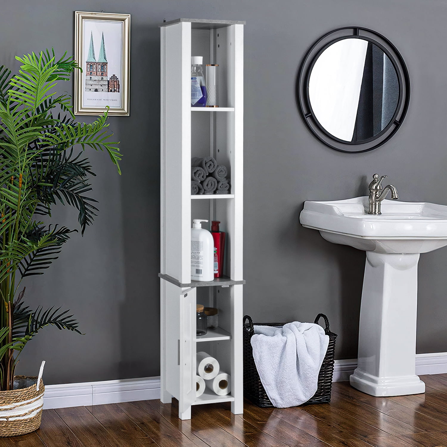 Kadyn Freestanding Storage Cabinet, Bathroom Slim Linen Tower Storage with Doors and Shelves, Floor Cabinet Cupboard Free Standing Organizer for Home, White Kadyn Freestanding Storage Cabinet, Bathroom Slim Linen Tower Storage with Doors and Shelves, Floor Cabinet Cupboard Free Standing Organizer for Home, White