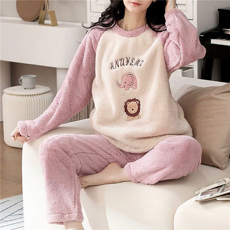 Beileda Female Pyjama Women Winter Flannel Pajama Set Fleece Pajamas Sleepwear Thick Warm Velvet Female Homewear Suit Cute Sweet Pijama Other