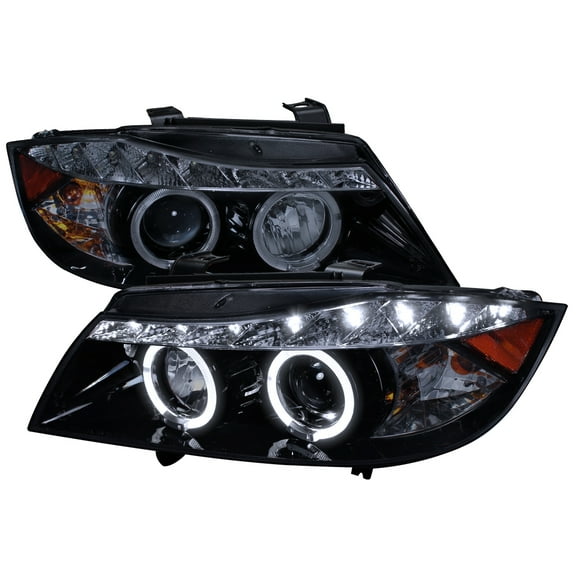 Spec-D Tuning Black Smoke Projector Headlights   Top LED Strip Compatible with 2006-2008 BMW E90 3-Series 4 Door Sedan, Left   Right Pair Headlamps Assembly