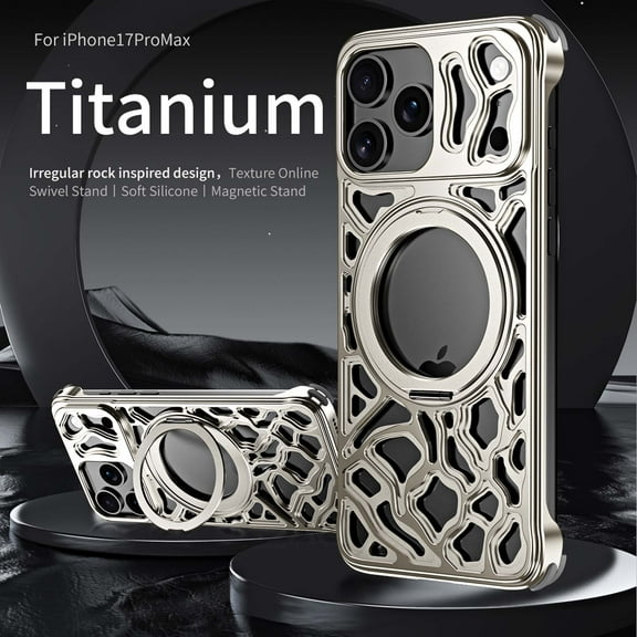 Frameless Heat Dissipation for iPhone 17 Pro Max Case with Rotating Ring Kickstand, Irregular Rocks Shape Designing Back Metal Slim Shockproof Thin Case with Ring Stand Magnetic Cover,Titanium