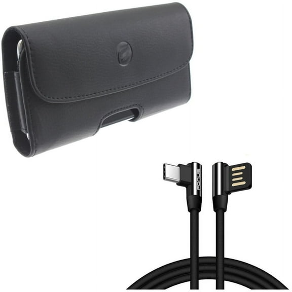 Black Leather Carry Case Side Cover Protective Pouch w Right Angle L-Shaped Durable 6ft Long Type-C USB Cable Sync Wire X3X for Alcatel 7 - Coolpad Legacy - Nokia 3.1 Plus - OnePlus 7 Pro
