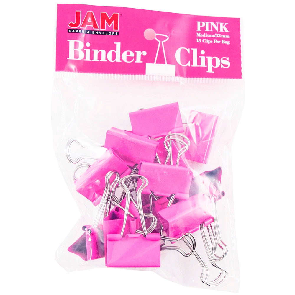 JAM Binder Clips, Pink Binderclips, 15/Pack, Medium, 32mm