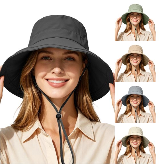 XIAOCHA Womens Drawcord‑Adjust Boonie Hat Solid Sun Hat Outdoor Wide‑Brim Hat,Black