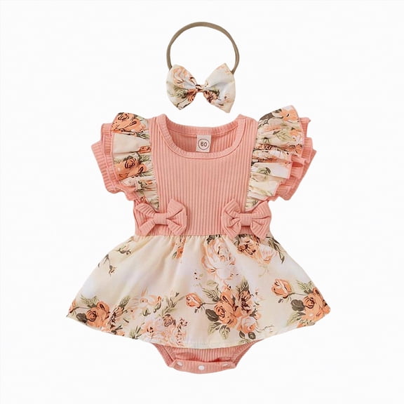 UngA Newborn Baby Girl Clothes Ruffle Short Sleeve Flower Romper Dress with Headbnad Summer Outfits Set (Pink,6-9 Months)