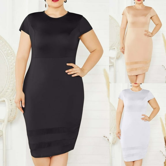 Jinhomg Women Summer T Shirt Dress Elegant Short Sleeve Midi Bodycon Dress Plus Size Crew Neck Pencil Fitted Dress formal Wedding Work Dresses Khaki XL