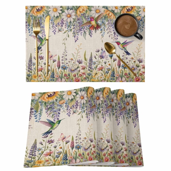 Spring Floral Placemats Set of 6 Daisy Sunflowers Wisteria Hummingbird Beige Place Mats Indoor Wipeable Table Mats Washable Dining Table Placemats for Kitchen Holiday Party Home Decor 13x19 Inch