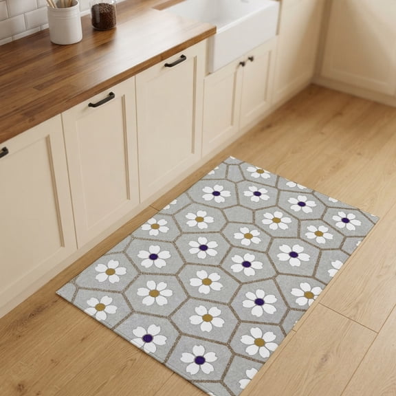 2x3ft Rectangle Rug,Watercolor White Small Flowers Washable Area Rugs Non-Slip Accent Rug Minimalist Hexagon Grid Soft Circle Carpet for Living Room Bedroom Home Office Decor