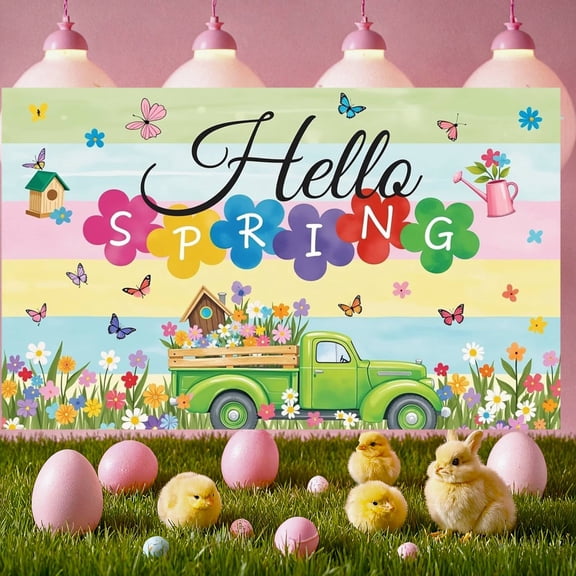 Colorful Floral Hello Spring Banner Butterfly Design Spring Display Vintage Truck Rainbow Stripes Floral Backdrop for Spring Party Garden Celebration Photo Shoot