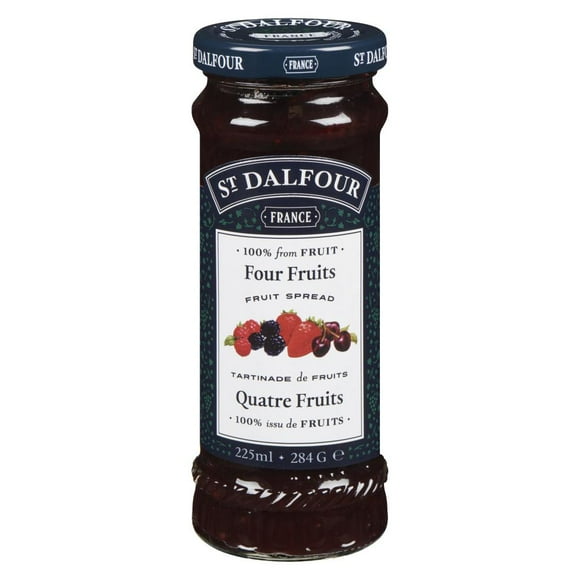 St Dalfour Four Fruits Spread, St. Dalfour Four Fruits Spread is a 100% natural, fruit-sweetened preserve made with strawberries, cherries, red raspberries, and blackberries—no added sugar or preservatives. Crafted with a traditional French recipe, it's gluten-free, non-GMO, and bursting with rich, berry flavor.