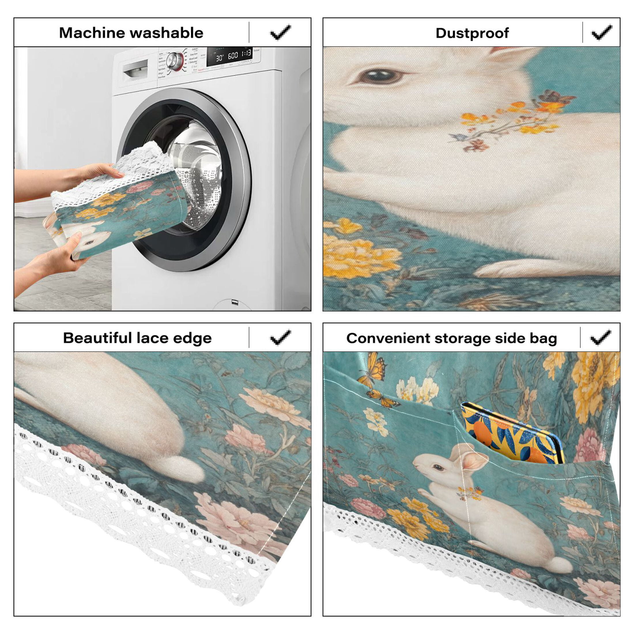 White Rabbit in Flower PatternWasher and Dryer Covers Dust-Proof and Oil Resistant Fridge Cover with 4 Storage Pockets Washing Machine Top Cover for Laundry Kitchen Home 51.2 x 22 In