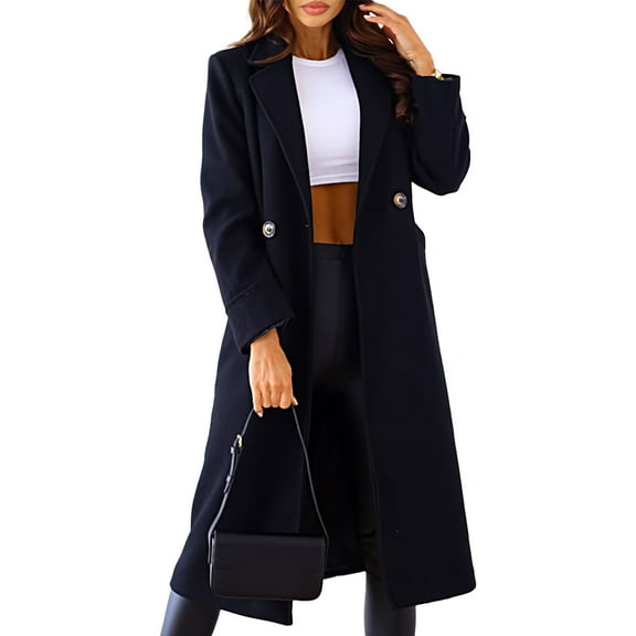 comerut Women Overcoat Long Sleeves Double Buttons Lapel Notch Collar Thick Warm Cardigan Pockets Women Winter Coat for Dating