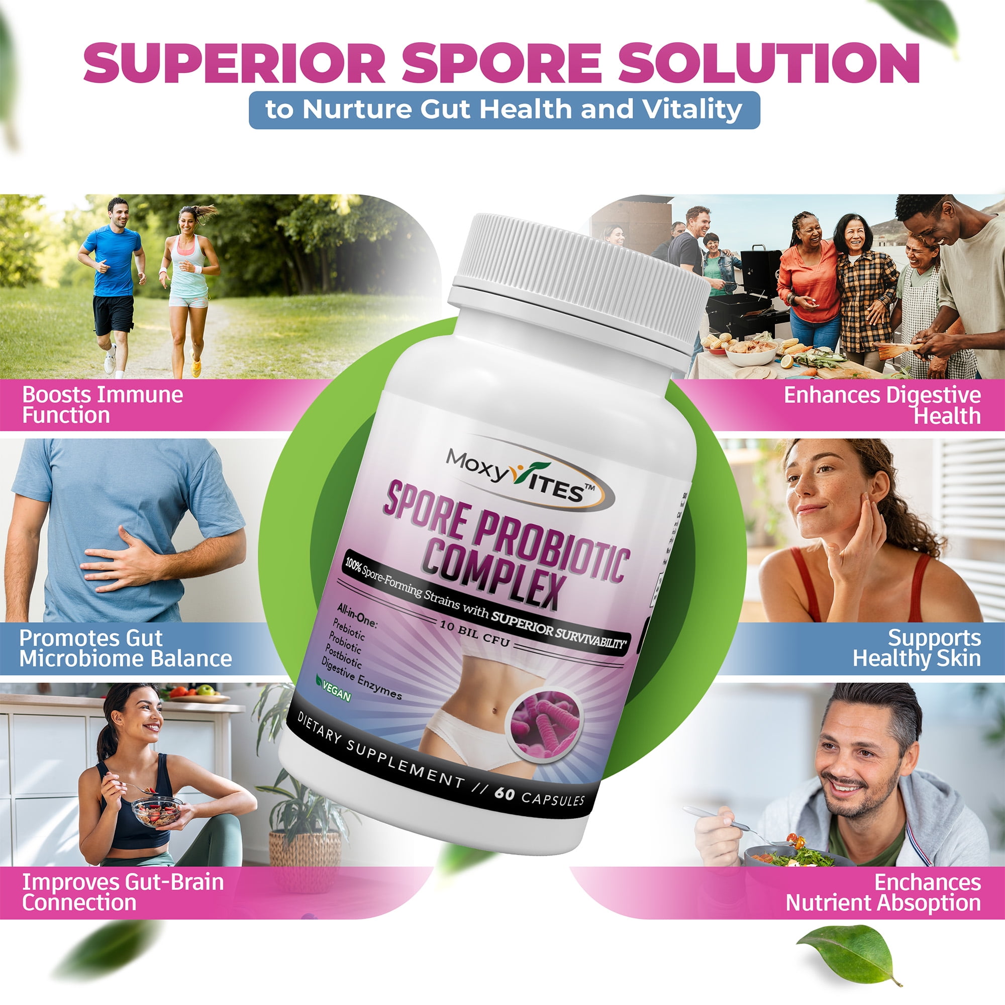 MoxyVites Spore Probiotic for Women and Men, Bacillus Coagulans Clausii, Digestive & Gut Health, 60 Capsules