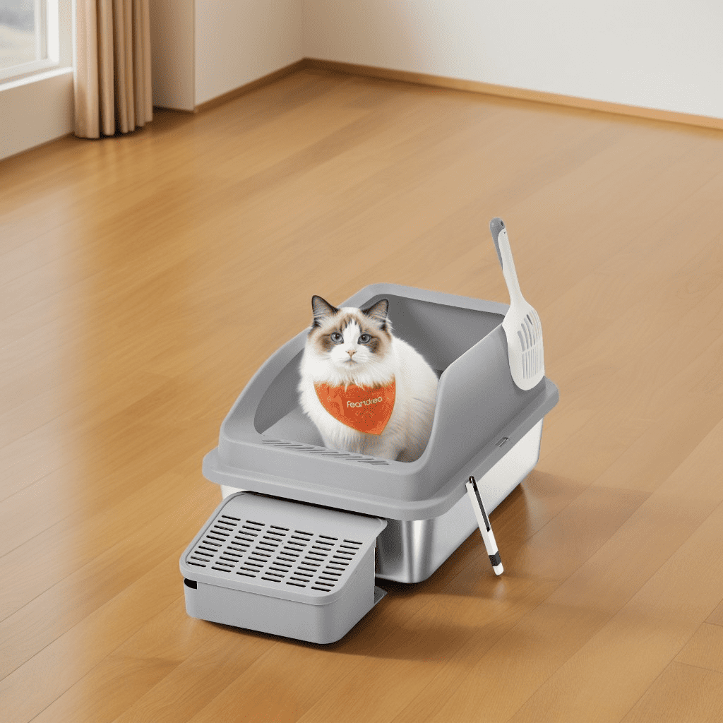 LEDREM Stainless Steel Open Top Cat Litter Box with Step, High-Sided Litter Tray for Cats up to 33 lb, Slate Gray