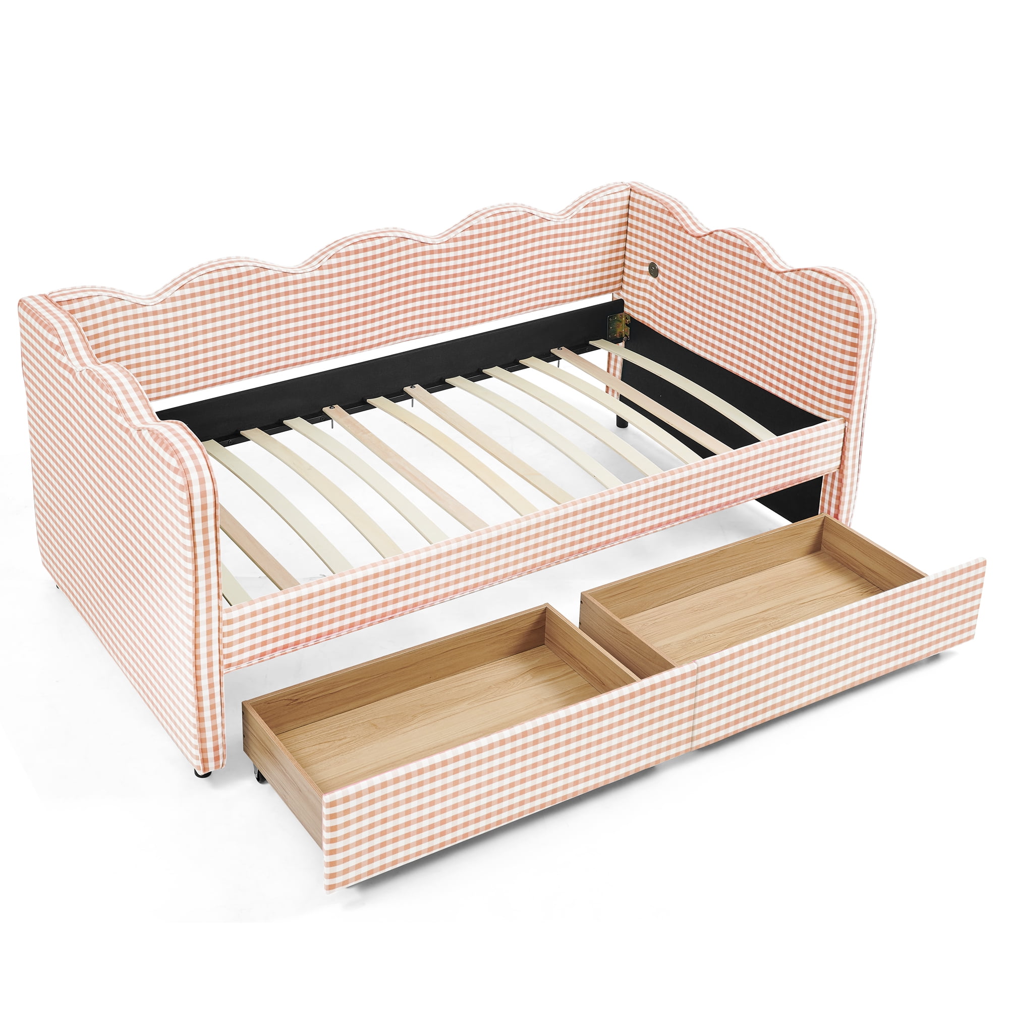 Twin Size Daybed with Storage Drawers and USB Port, Upholstered Linen Sofa Bed with Trundle Style Design, Kids Daybed Frame for Bedroom Living Room, Pink