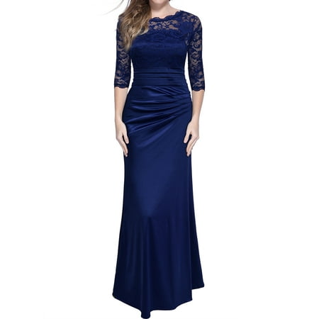 MIUSOL Women's Retro Floral Lace Vintage 2/3 Sleeve Slim Ruched Wedding Maxi Dresses for Women (Navy Blue