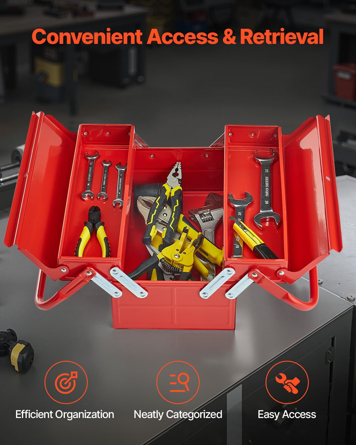 VEVOR Metal Tool Box, 14-inch, 2-Tier 3-Tray Portable Folding Tool Chest Organizer with Handle & Lock Hole, Powder Coated Steel, Cantilever Toolbox for Household Factory Warehouse Repair Shop, Red