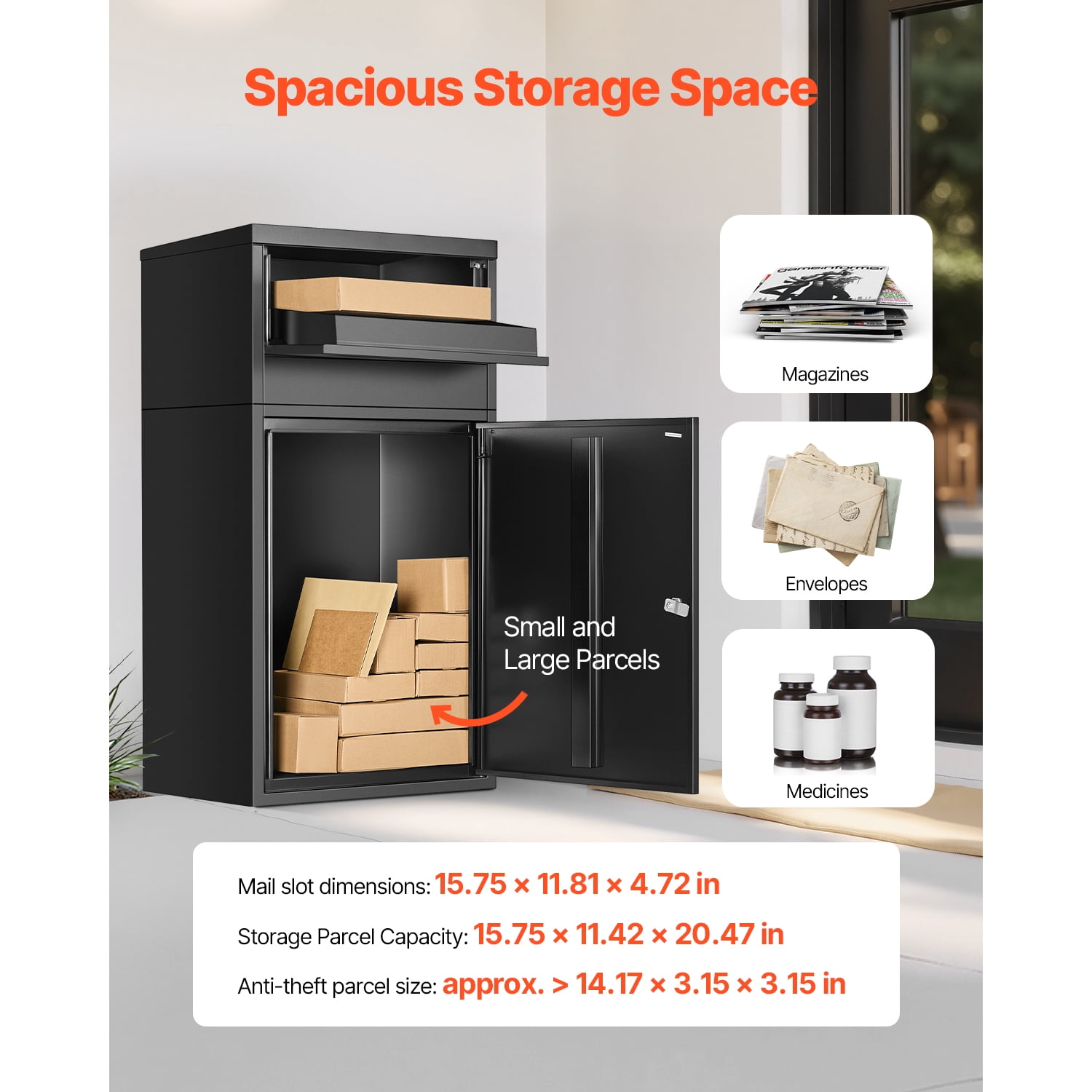 KFFKFF Secure Outdoor Parcel Delivery Box, 35.8 in Mailbox with Lock, Durable Steel Drop Box Featuring Anti-Theft and Weather-Resistant Design, Ideal for Home or Office Use, Black