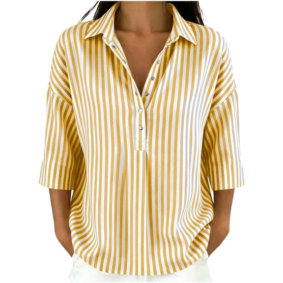 Lenpel 3/4 Length Sleeve Womens Tops Striped Fall Trendy Button Lapel Shirts Dressy Casual Oversized Lightweight Blouses