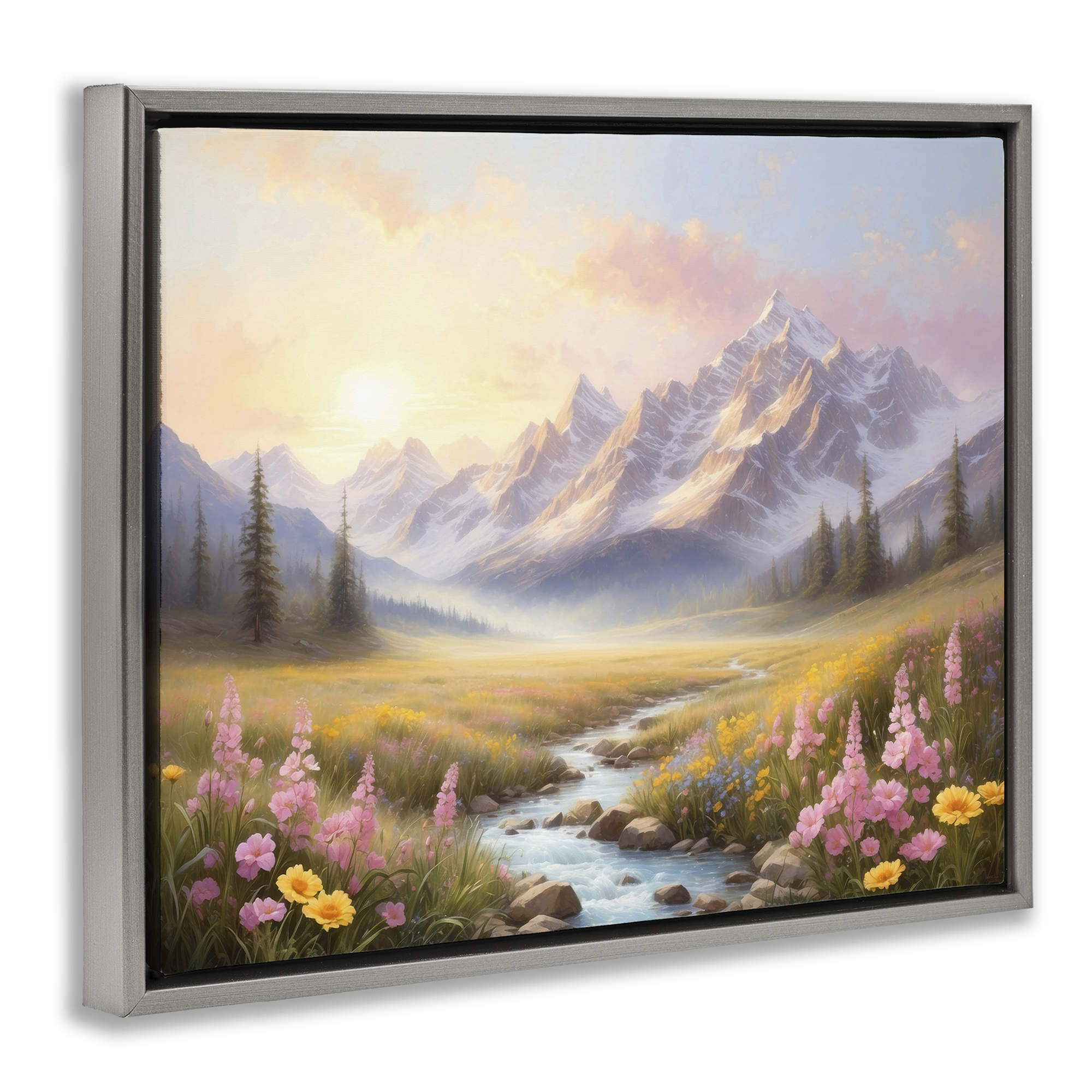 Stupell Industries Gentle Dawn Landscape Landscape Painting Gray Floater Framed Art Print Wall Art, 31 x 25
