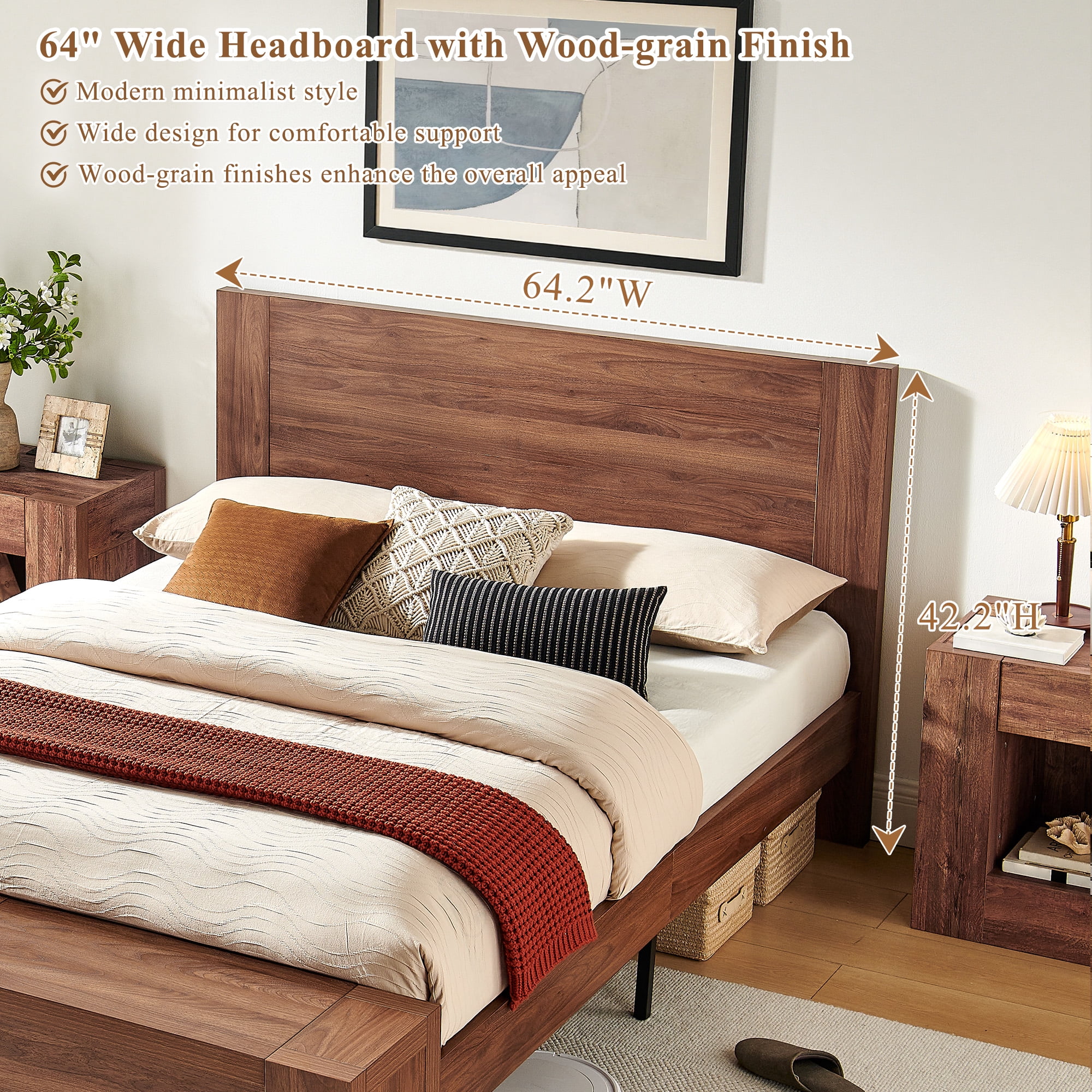 KeyWhat Modern Queen Size Storage Bed Frame with Panel Headboard, Footboard Storage Bench, Built-In Drawers, Lift-Up Compartments, No Box Spring Needed, Light Walnut