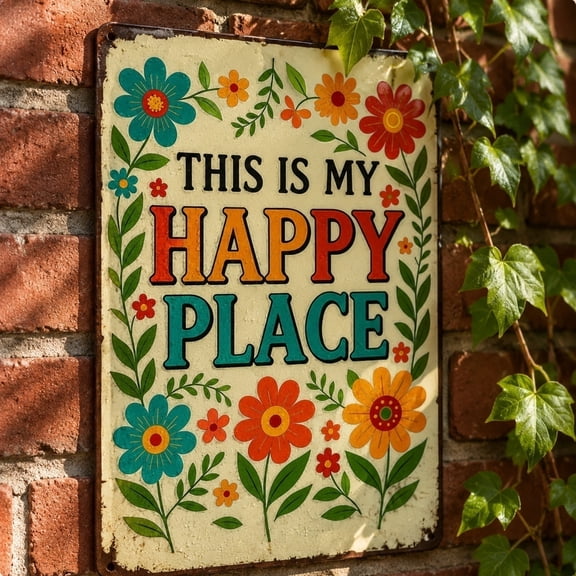 Retro Floral Metal Wall Plaque, "This Is My Happy Place" Decorative Sign, Weatherproof Vintage Tin Art for Home and Garden, 8 X 12 Inch