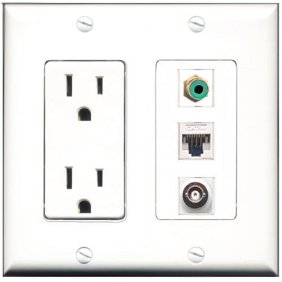 RiteAV - 15 Amp Power Outlet 1 Port RCA Green 1 Port BNC 1 Port Cat5e Ethernet White Decorative Wall Plate