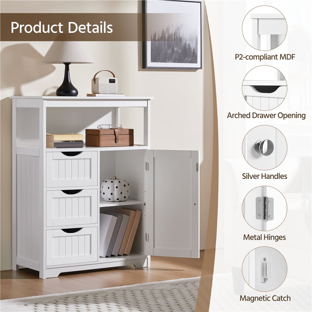 Yaheetech 35.5" Height Bathroom Floor Cabinet with 1 Door and 3 Drawers, White