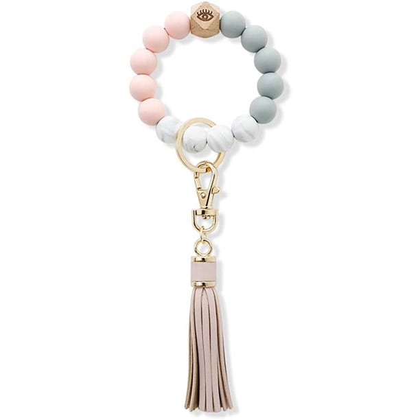Llavero de pulsera con cuentas de silicona-pulsera de llavero de silicona-pulsera de cuentas para mujer llavero con borla de cuero Ormromra HMHZ883-2